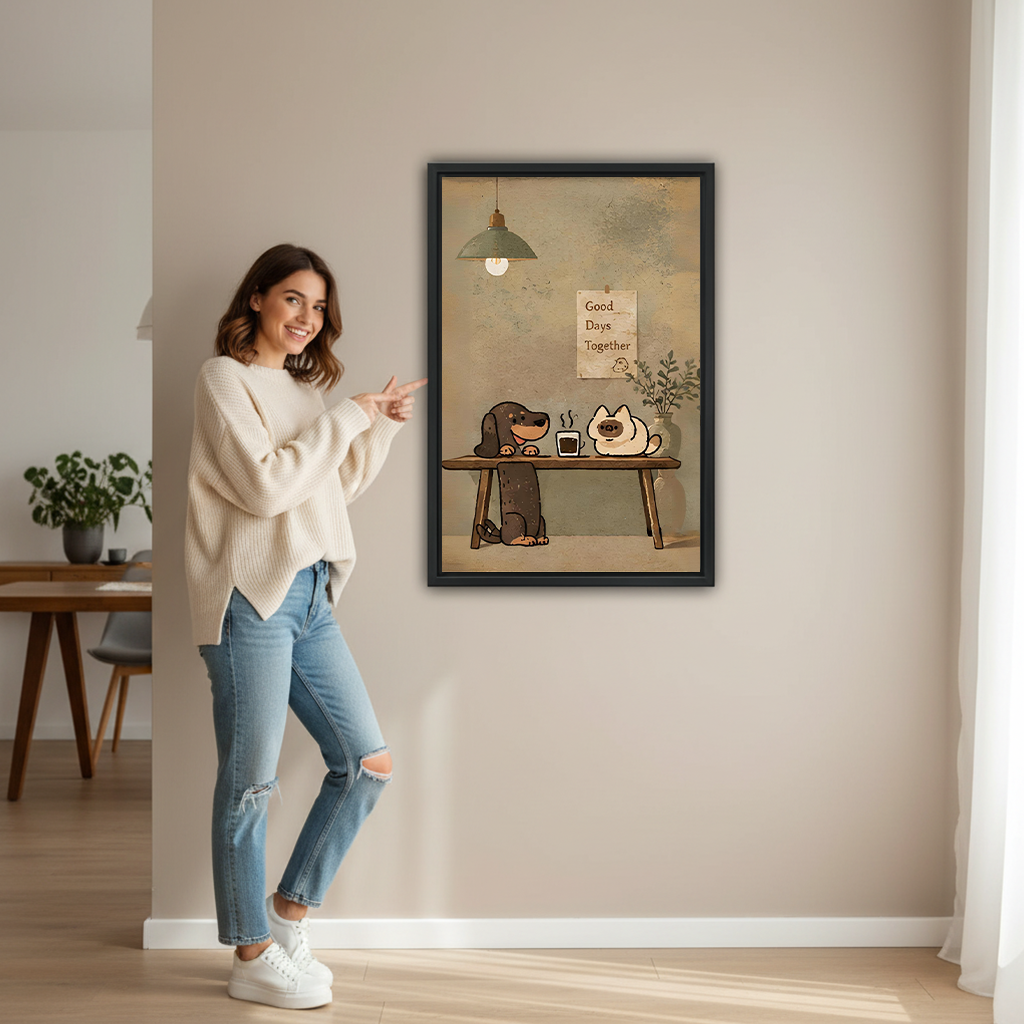Smiling woman pointing at Good Days Together dog cat framed print on beige wall to show size in Scandinavian hallway