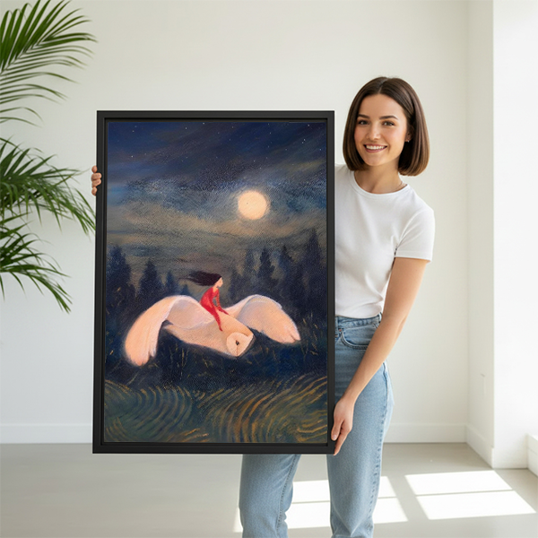 Woman holding fantasy moonlight girl riding white bird framed canvas wall art, large size magical painting for home decor