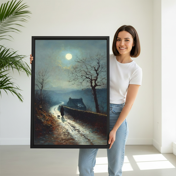 Woman holding moonlit path oil painting framed wall art print — moody landscape wall decor