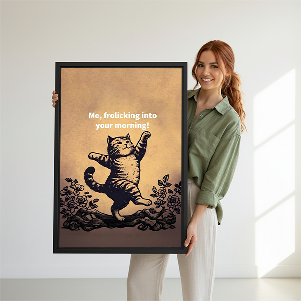 Woman holding funny dancing cat framed canvas print large wall art gift idea