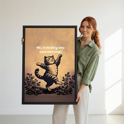 Woman holding funny dancing cat framed canvas print large wall art gift idea