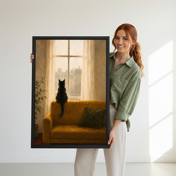 Woman holding black cat window framed canvas wall art print, moody oil painting style