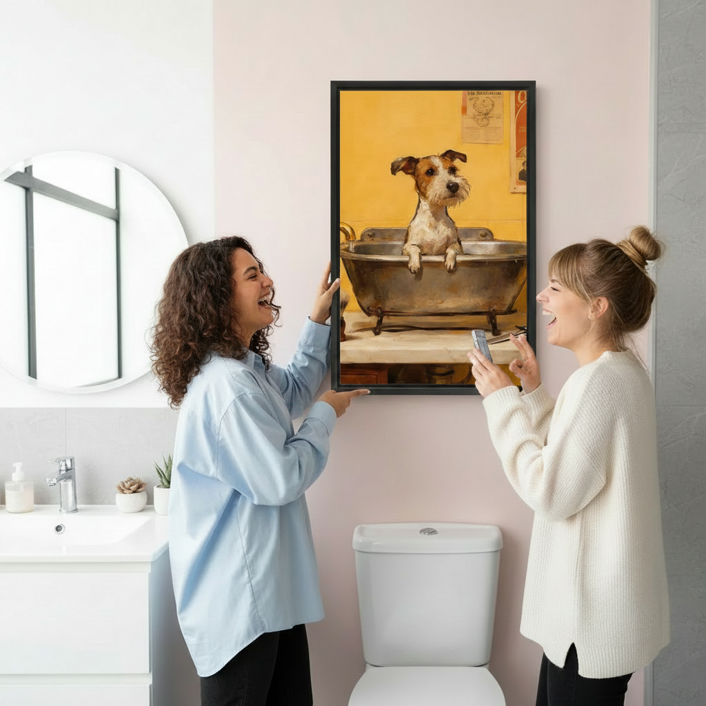 Two women laughing while hanging framed terrier dog in bathtub canvas art, vintage yellow dog painting for bathroom wall decor