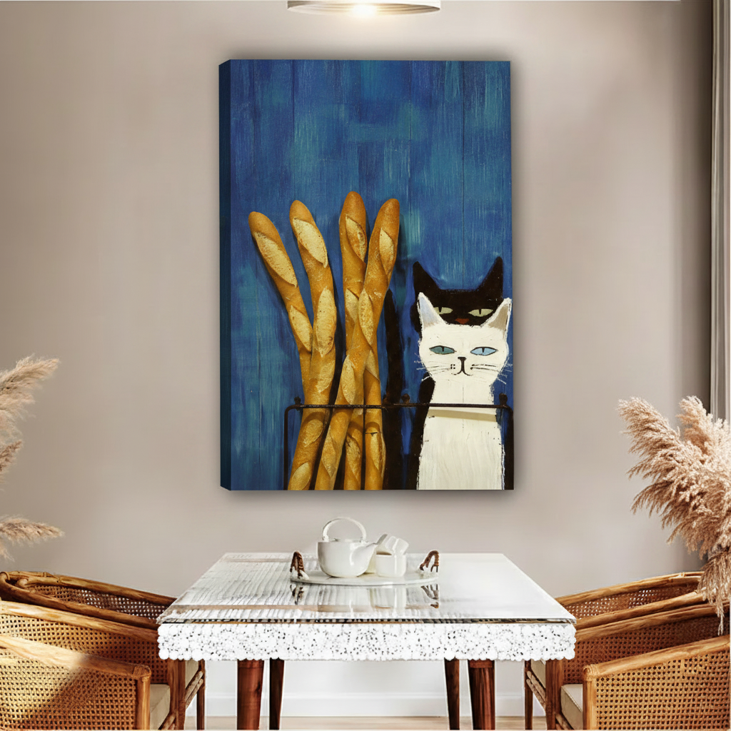  Cat and baguettes canvas wall art, frameless gallery wrap, bold blue oil painting style, hung above a rattan dining table in a warm boho dining room with wicker chairs and pampas grass