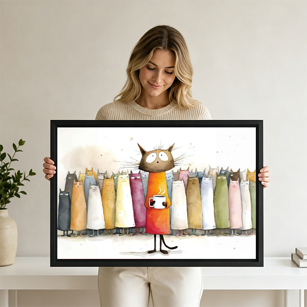 Woman holding large whimsical cat crowd framed canvas wall art