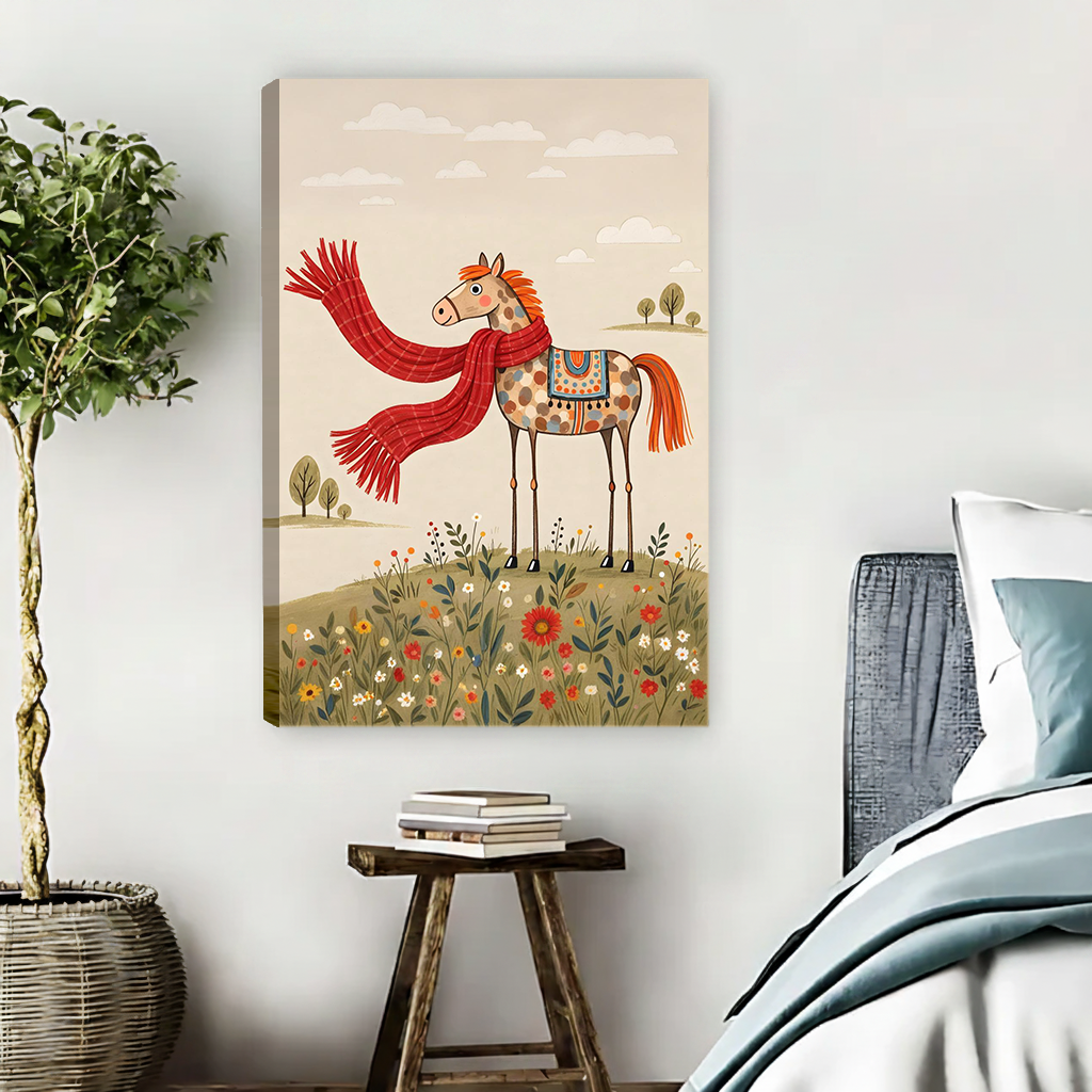 Framed whimsical horse in scarf canvas wall art displayed above a stool beside a leafy plant