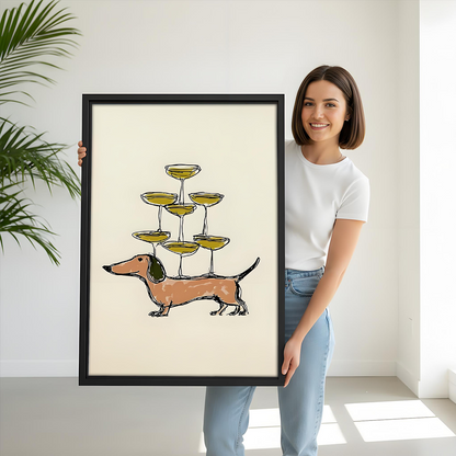 Dachshund Balancing Champagne Tower Line Art Canvas Wall Art Print Dining Room Home Decor