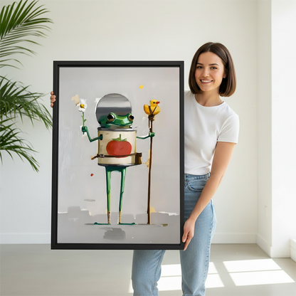Woman holding surreal frog astronaut whimsical framed wall art print — funny quirky wall decor