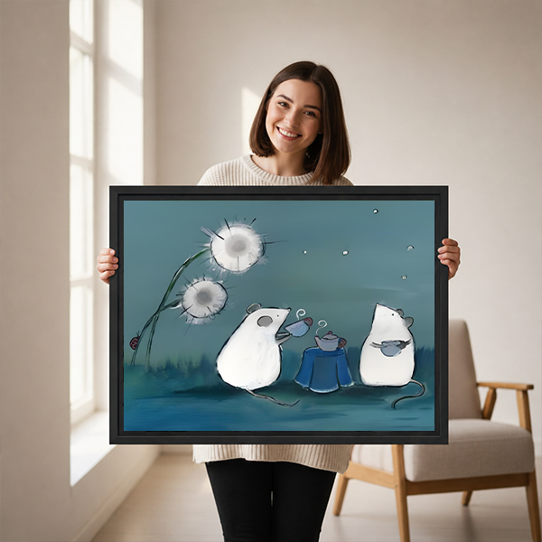 Woman holding whimsical framed canvas art of two mice sharing a teapot by a glowing dandelion at night, cozy illustration style, size reference display