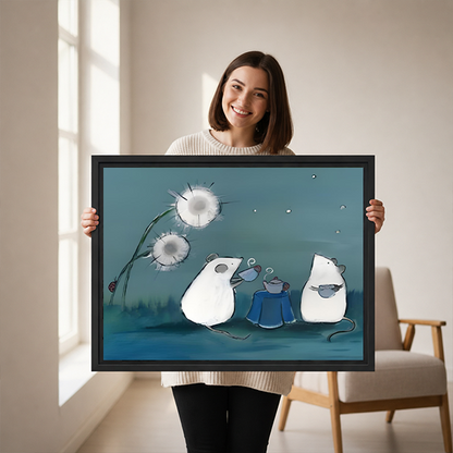 Woman holding whimsical framed canvas art of two mice sharing a teapot by a glowing dandelion at night, cozy illustration style, size reference display