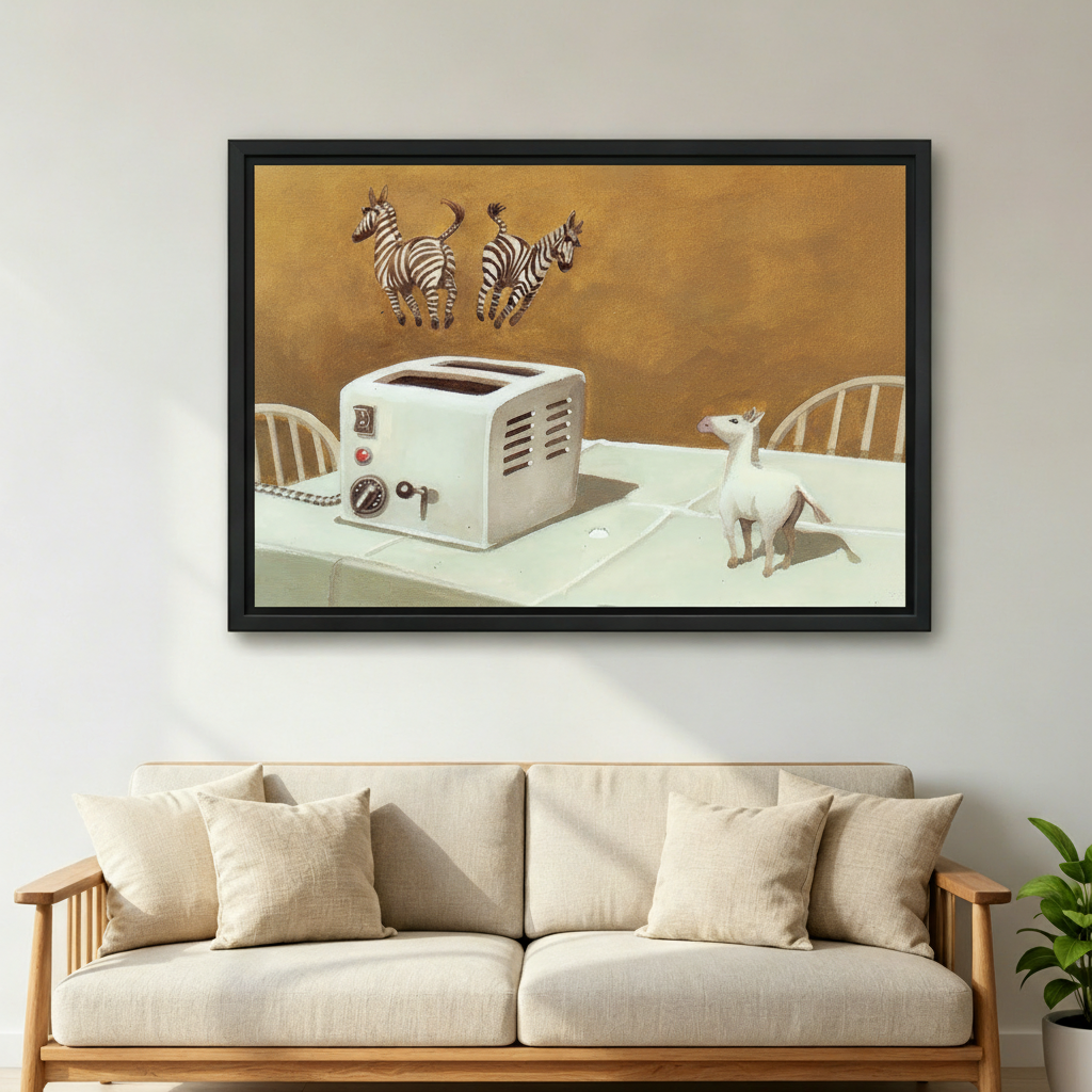 Surreal zebra toaster framed wall art above living room sofa — bold whimsical canvas print for eclectic interiors