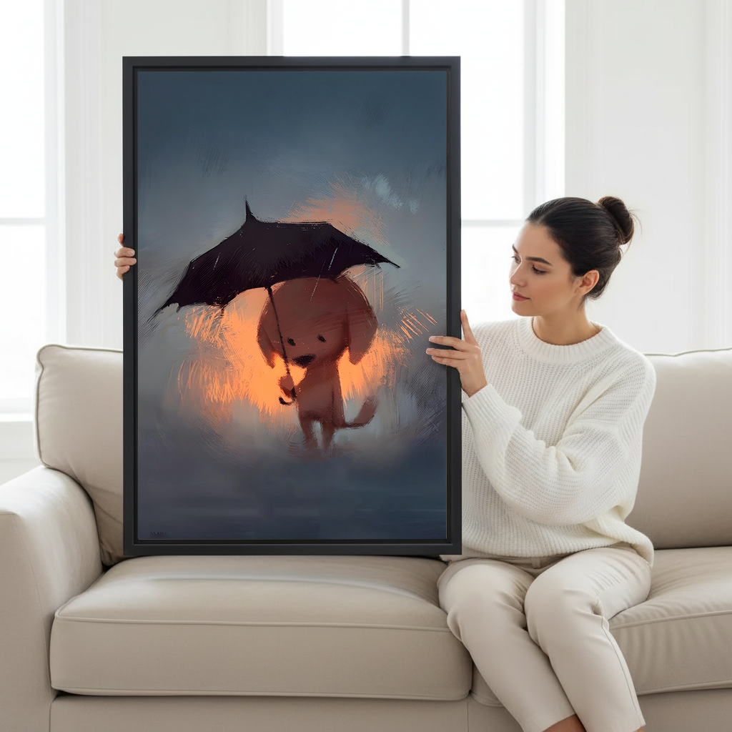 Woman holding large framed canvas print of glowing dog under black umbrella stormy night fantasy illustration wall art