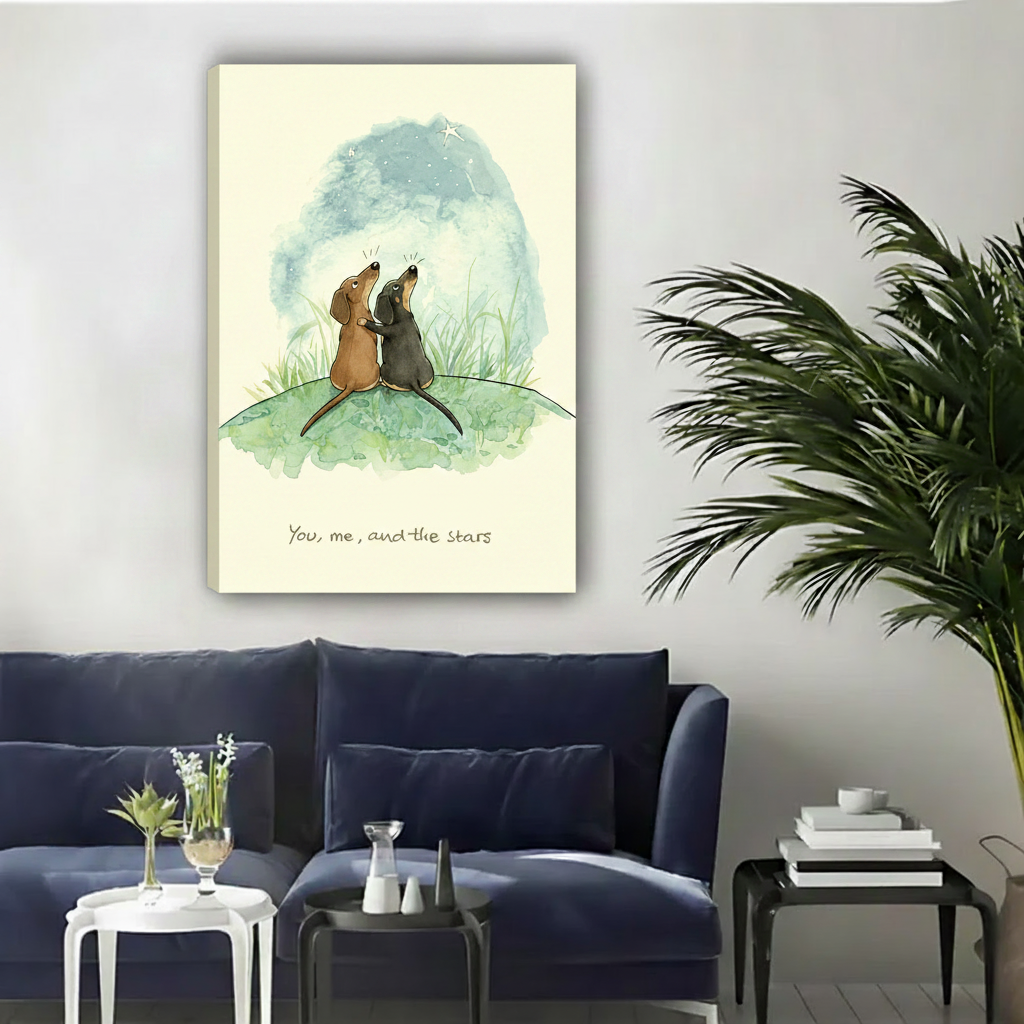 Brown and black dachshund couple stargazing you me and the stars watercolor float frame canvas wall art above navy velvet sofa with black coffee table and palm plant in contemporary living room
