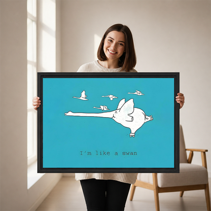 "I'm Like a Swan" funny flying pig framed canvas art print, teal whimsical wall decor, gift idea for humor lovers