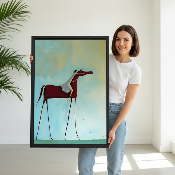 Woman holding surrealist horse framed canvas art — Liberty Signs wall decor