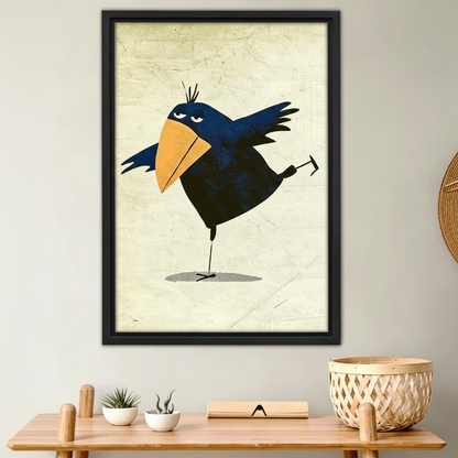 Whimsical crow framed canvas print on living room wall above wooden console — black frame bird art
