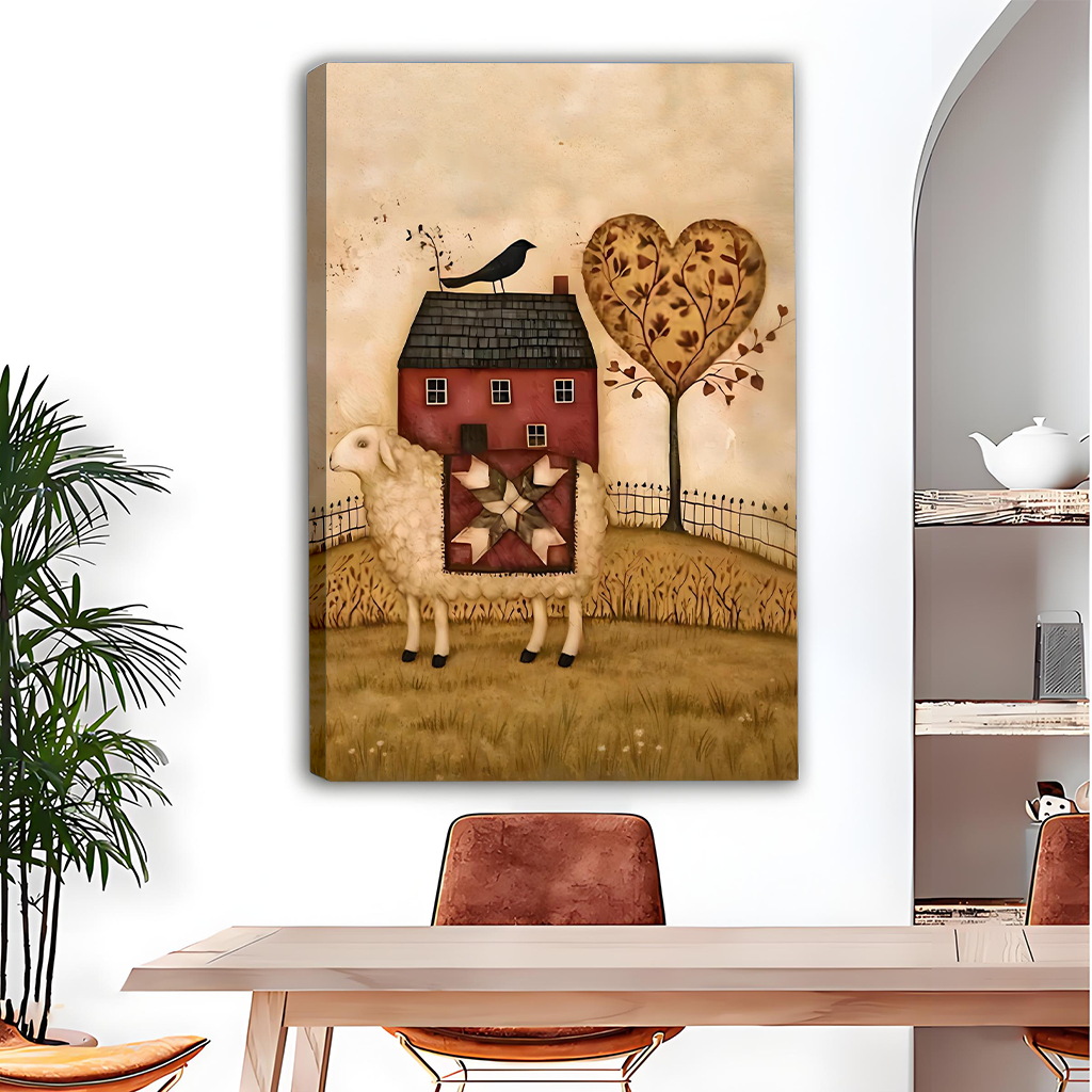 Rustic Folk Art Sheep Farmhouse Canvas Wall Art | Framed & Unframed I4250
