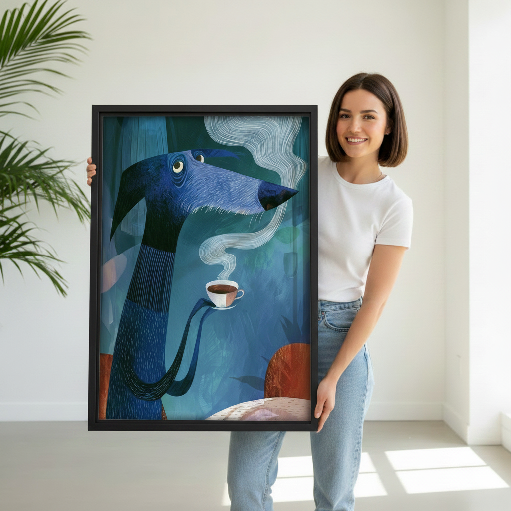 Woman holding large framed whimsical dachshund wall art print with coffee cup illustration