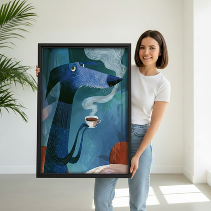Woman holding large framed whimsical dachshund wall art print with coffee cup illustration