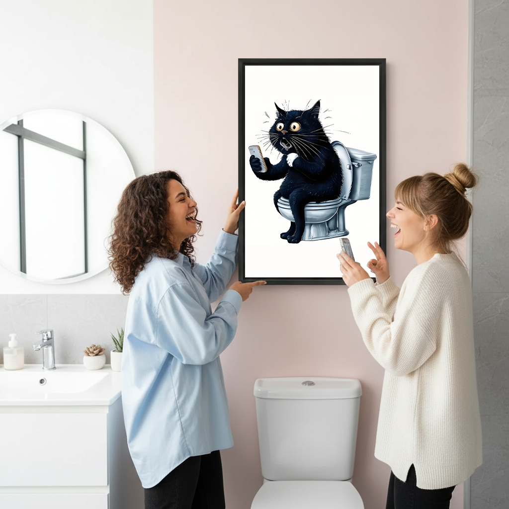 Two women laughing while hanging funny cat bathroom canvas print — gift idea wall art