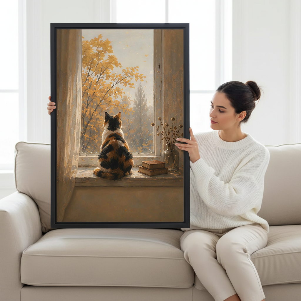 Woman holding autumn calico cat framed canvas wall art print on white sofa