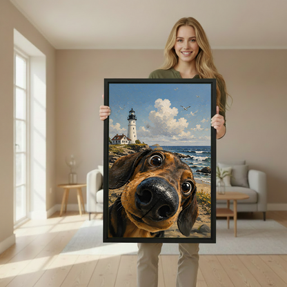 Woman holding large framed canvas print of dachshund close-up selfie at lighthouse beach funny dog illustration wall art