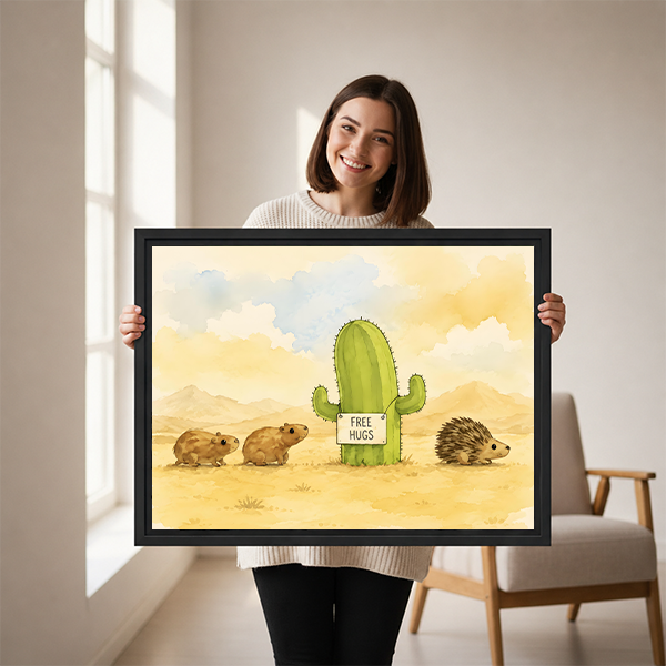 Woman holding whimsical framed canvas art of a Free Hugs cactus with cute guinea pigs and hedgehog in a watercolor desert scene, size reference display