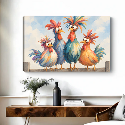 Framed whimsical rooster family canvas wall art displayed above a console table with green plants