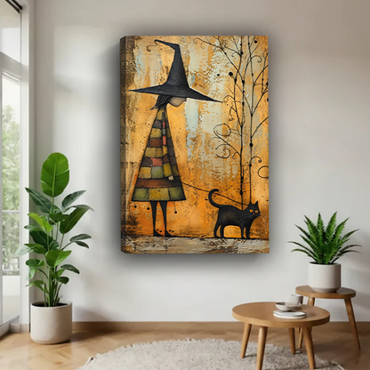 Unframed witch and black cat canvas wall art with golden textured backdrop beside potted plants.