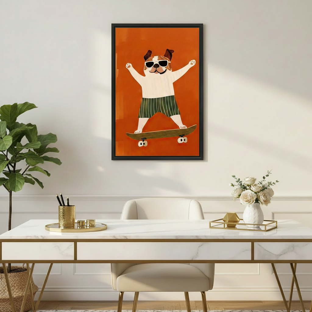 Skateboarding Bulldog Funny Animal Wall Art Print l1976
