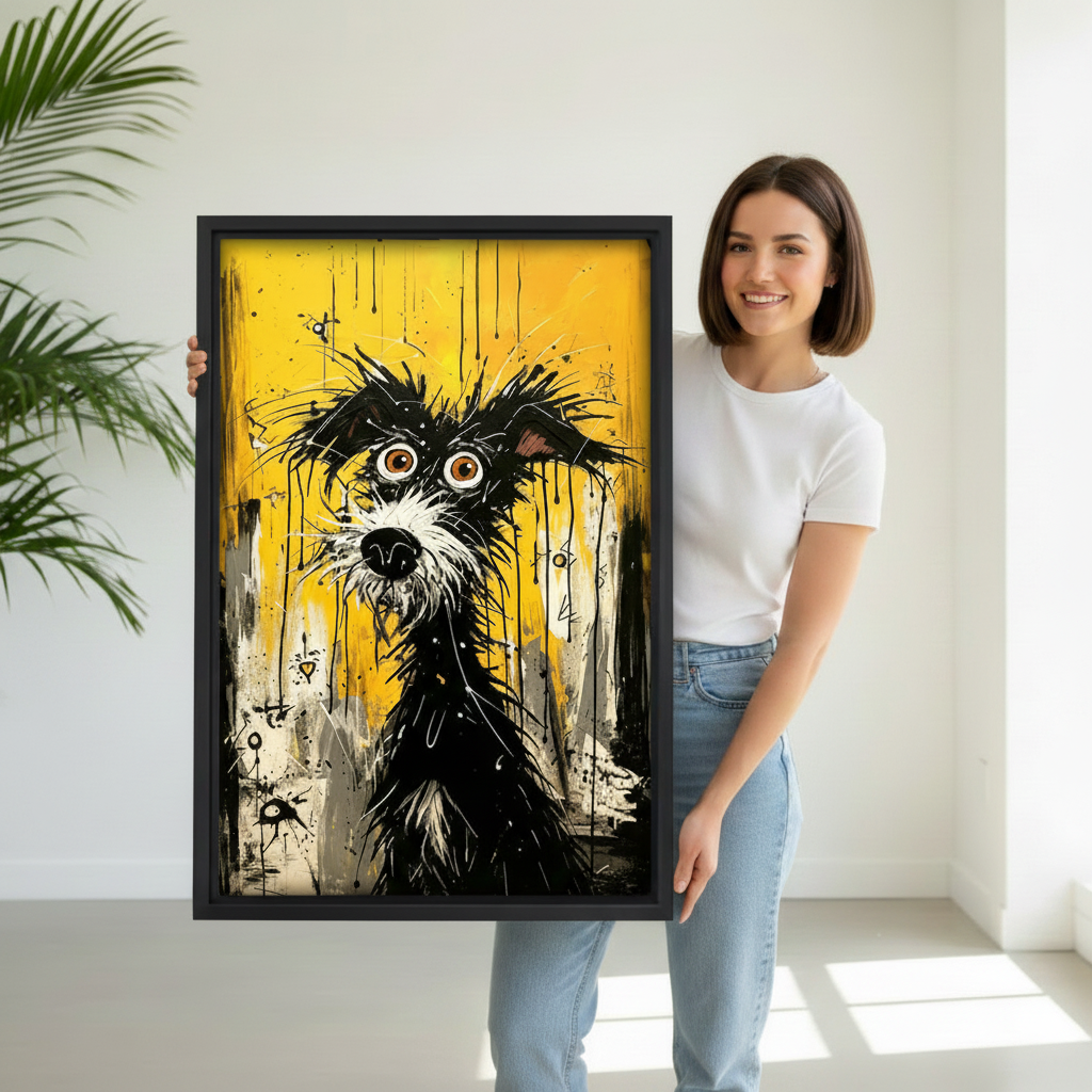 Model holding graffiti dog pop art framed canvas print — large bold yellow street art wall decor gift idea for dog lovers