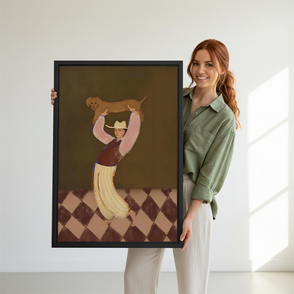 Vintage Woman Lifting Dachshund Framed Wall Art Print l2835