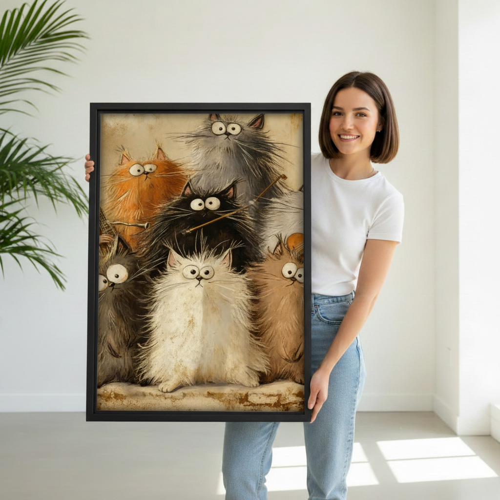 Woman holding large framed funny cat gang vintage canvas print, whimsical fluffy cat illustration gift idea