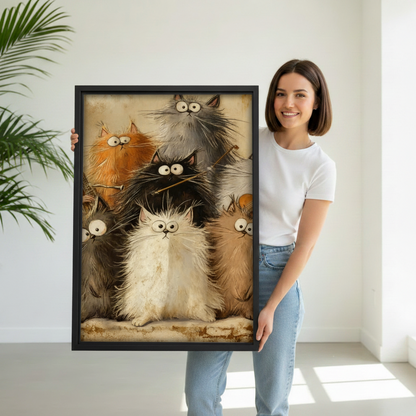 Woman holding large framed funny cat gang vintage canvas print, whimsical fluffy cat illustration gift idea