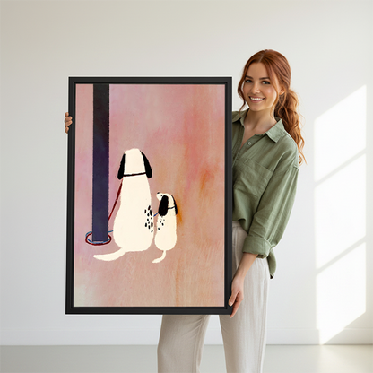 Woman holding large dalmatian dog and puppy whimsical framed canvas print showing size reference in bright white studio