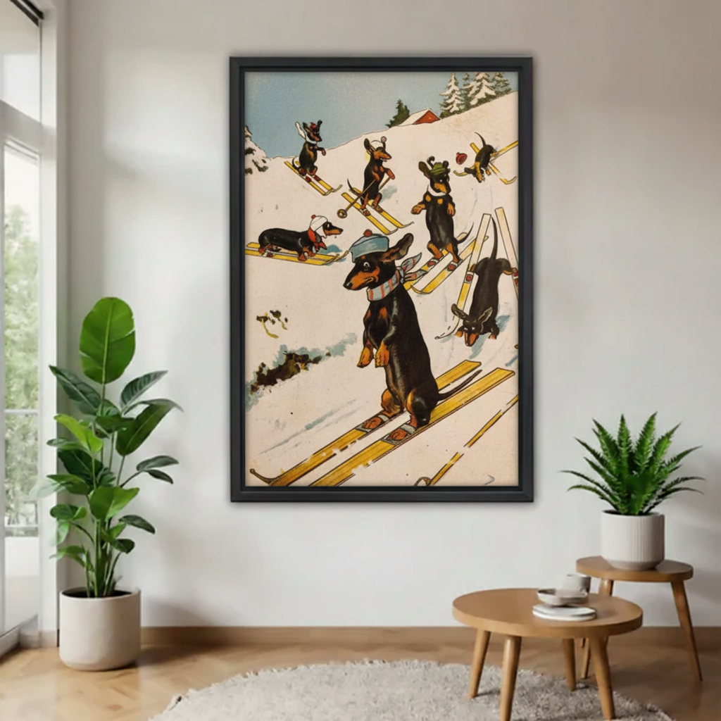 Vintage dachshund skiing canvas wall art in black frame above entryway table, retro dachshunds on yellow skis winter print