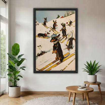 Vintage dachshund skiing canvas wall art in black frame above entryway table, retro dachshunds on yellow skis winter print