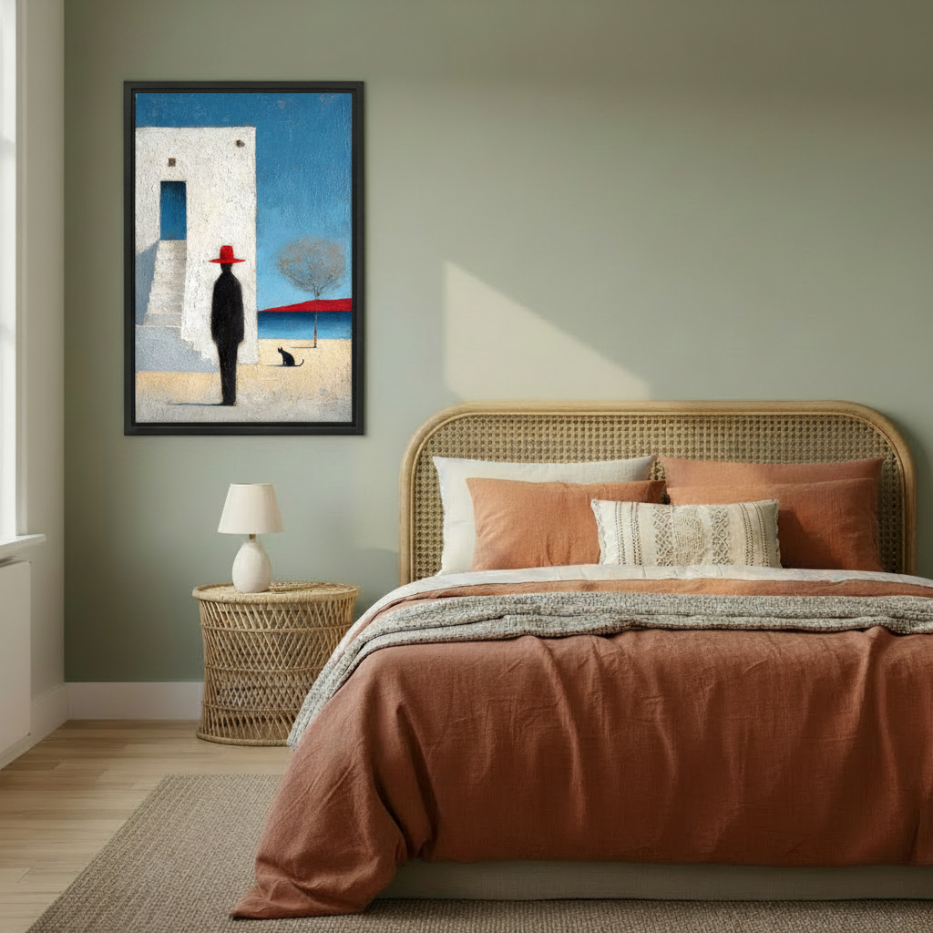 Mediterranean minimalist framed canvas wall art above rattan bed in sage green bedroom