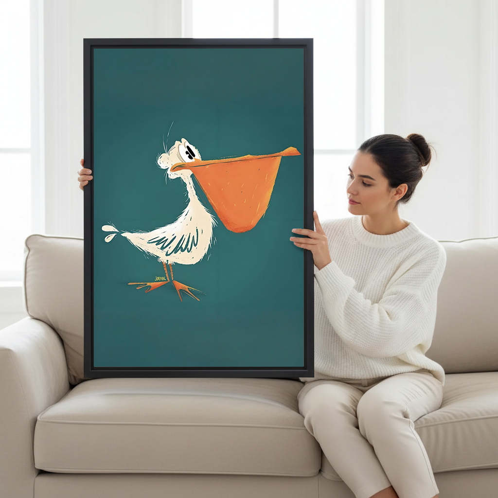 Woman holding large funny pelican framed canvas print to show size on white sofa