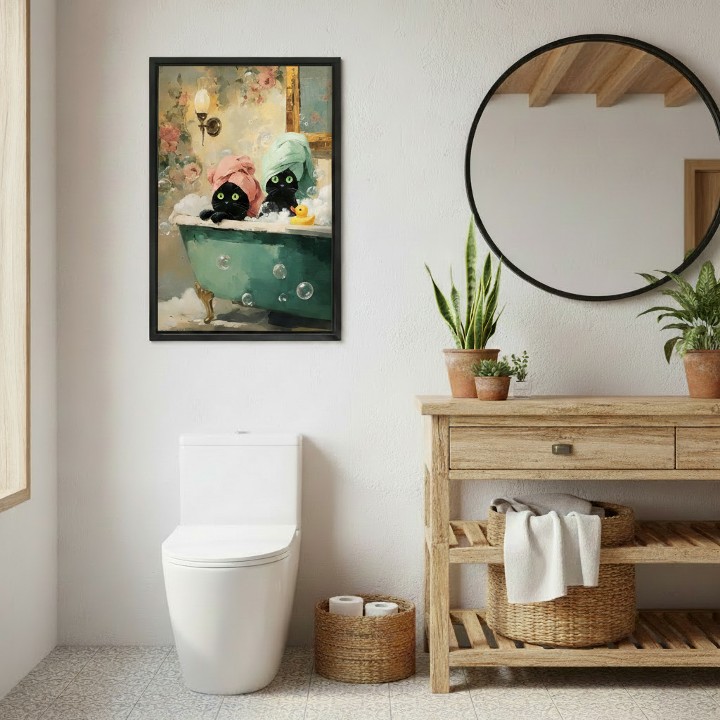 Funny black cats bath time framed canvas print hanging in rustic farmhouse bathroom decor