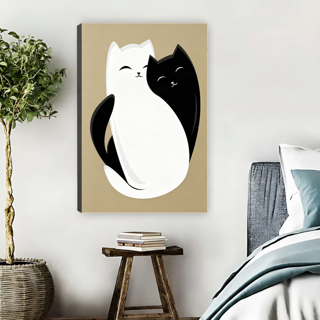 Whimsical black and white cat hugging yin yang float frame canvas wall art beside bed with wooden stool in warm nature-inspired bedroom