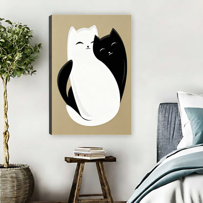 Whimsical black and white cat hugging yin yang float frame canvas wall art beside bed with wooden stool in warm nature-inspired bedroom