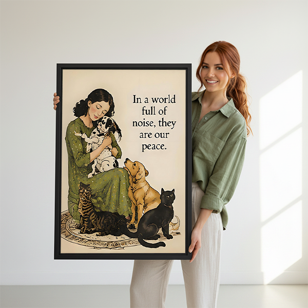 Smiling redhead woman in sage green shirt holding large they are our peace woman pets vintage watercolor framed canvas print with dalmatian puppy yellow labrador black cat and tabby cat in bright white studio with natural light