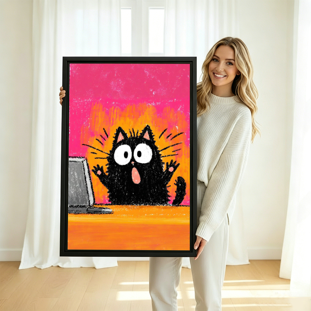 Smiling blonde woman in white sweater holding large shocked black cat laptop funny crayon art framed canvas print with hot pink and orange background in bright white room with sheer curtains and natural light
