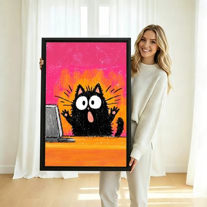 Smiling blonde woman in white sweater holding large shocked black cat laptop funny crayon art framed canvas print with hot pink and orange background in bright white room with sheer curtains and natural light