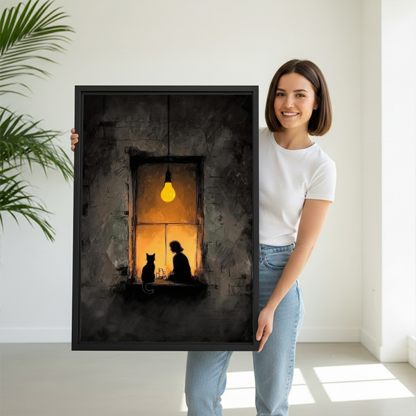 Woman holding girl cat window light dark framed canvas art print size reference