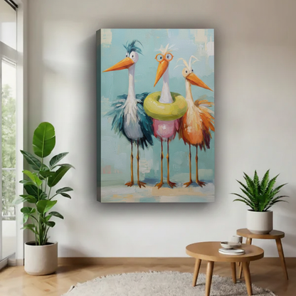 Gallery-wrapped bird canvas print, three colorful storks with swim ring on blue background, frameless wall art for modern entryway