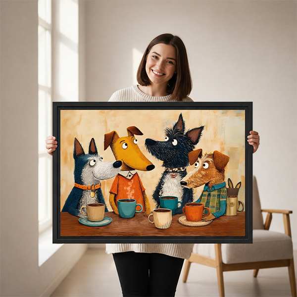 Woman holding whimsical dog coffee art framed canvas print large wall decor gift