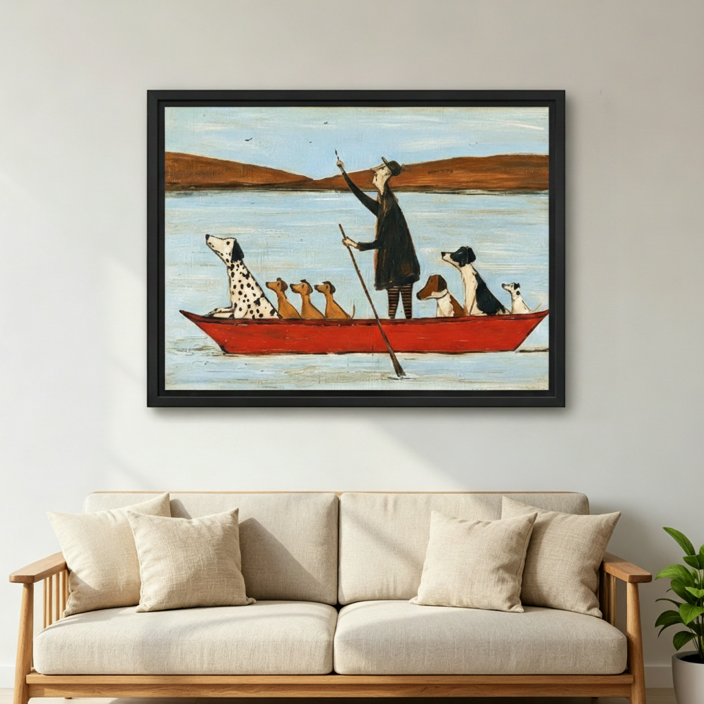 Folk art man and dogs on red boat framed canvas wall art hanging above beige sofa in bright living room