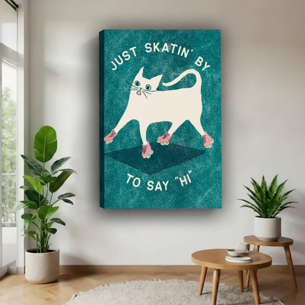White cat roller skating "Just Skatin' By To Say Hi" canvas wall art, frameless gallery wrap, teal retro illustration, hung in a modern airy living room with tropical plants